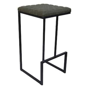 Quincy 29" Quilted Stitched Leather Black Metal Bar Stool With Footrest in Olive Green
