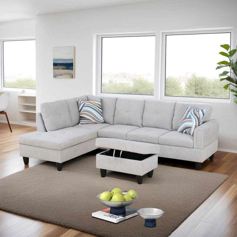 28.5 in. W Light Gray Flannel Polyester Blend Rectangle Ottoman with Storag