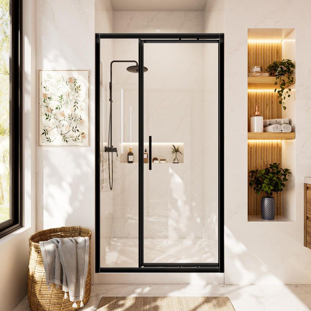 "40-42 in. W x 76 in. H Pivot Framed Shower Door in Matte Black with 1/4""(6 mm) Clear Tempered Glass" price history on PriceWatchPro