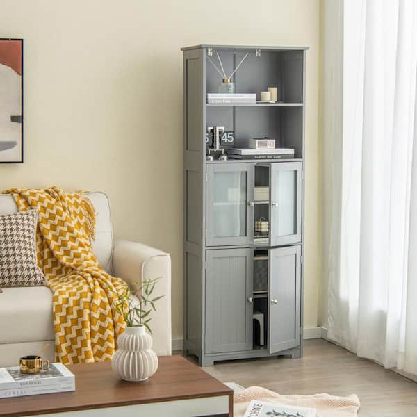 HOMCOM 64 4-Door Kitchen Pantry, Freestanding Storage Cabinet with 3 Adjustable Shelves for Kitchen, Dining or Living Room, Grey