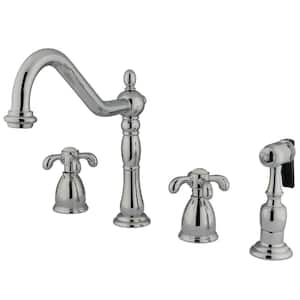 French Country 2-Handle Deck Mount Widespread Kitchen Faucets with Brass Sprayer in Polished Chrome