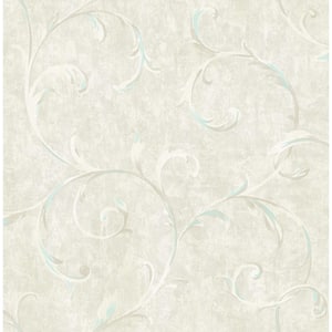 Scroll Leaf Ironwork Metallic Baby Blue and Light Greige Paper Strippable Roll (Covers 56.05 sq. ft.)