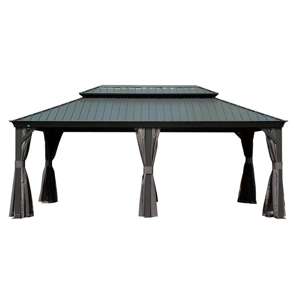 12 ft. x 20 ft. Outdoor Gray Aluminum Frame Galvanized Steel Hardtop Gazebo with Curtains and Netting price history on PriceWatchPro