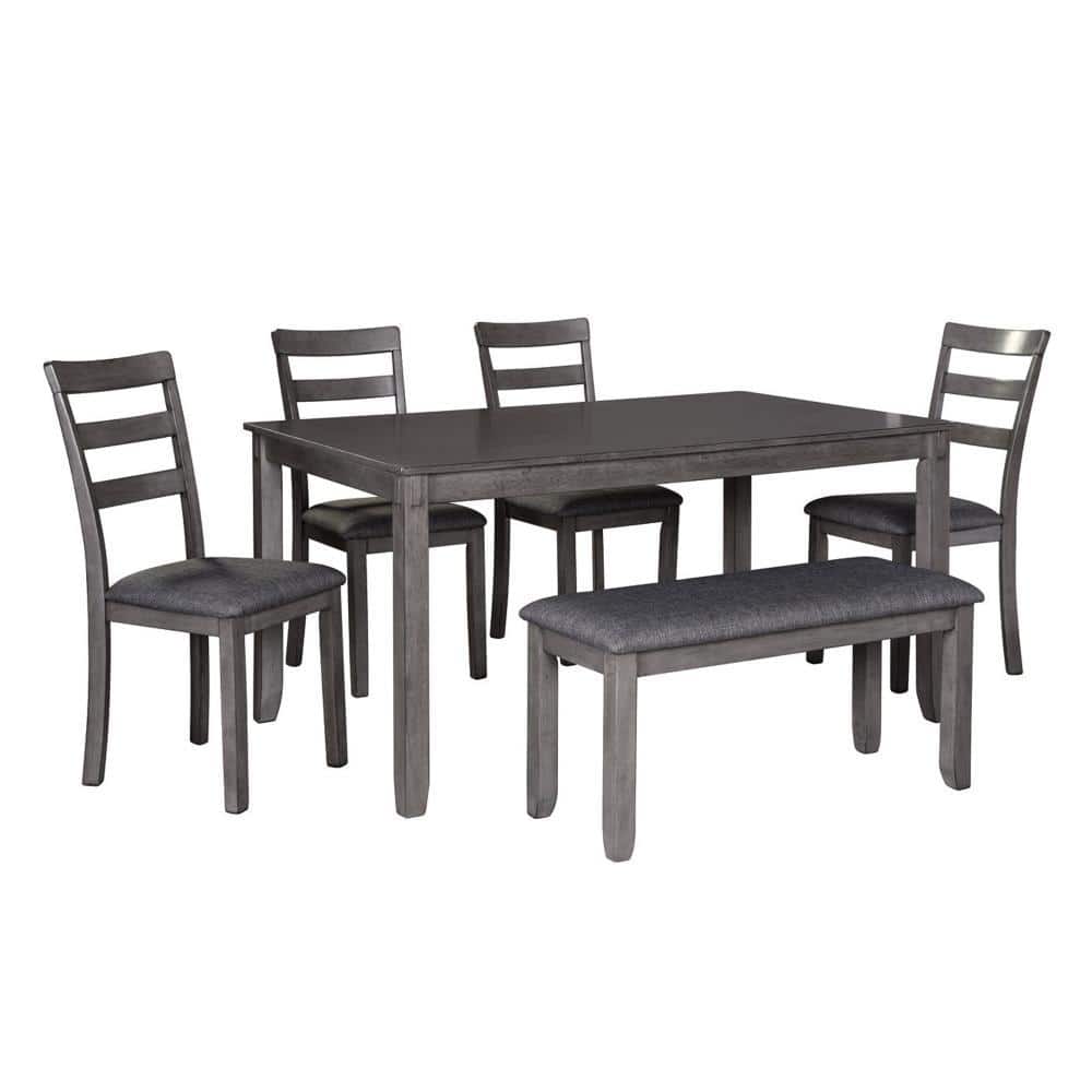 Gray Wooden Dining Table Set with Padded Chairs and Bench