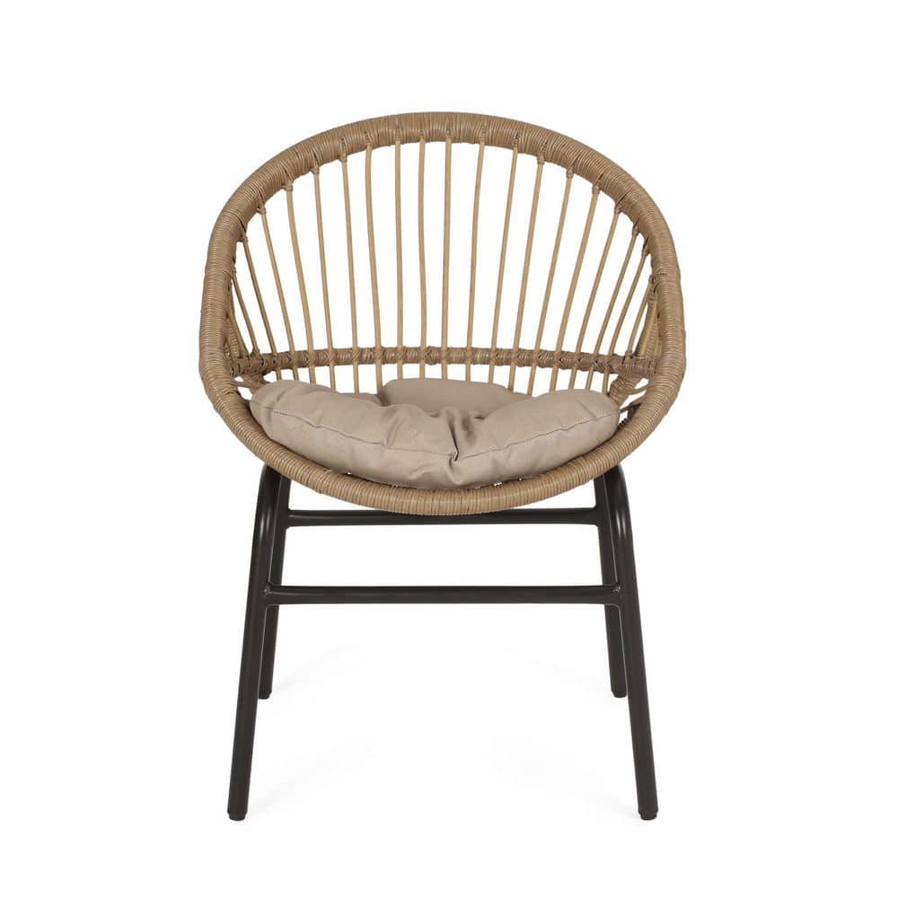 Light Brown and Beige Wicker Outdoor Dining Chairs with Cushions, Set of 2