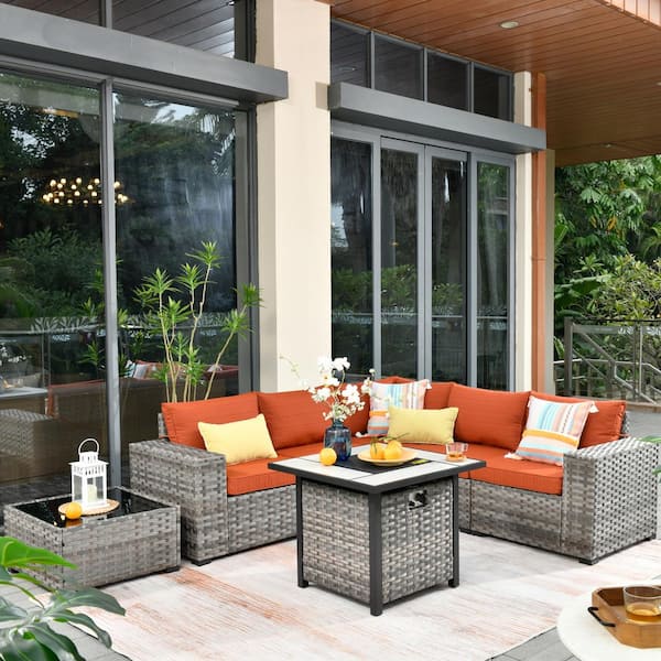 HOOOWOOO Crater Gray 7-Piece Wicker Wide-Plus Arm Outdoor Patio Conversation Sofa Set with a Fire Pit and Orange Red Cushions