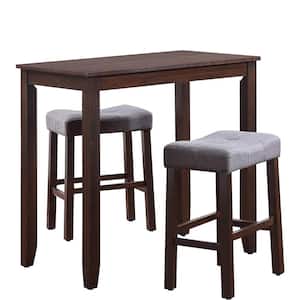 Jude Three Piece Dining Set Kitchen Pub Table Solid Wood Table Top, Walnut Wood Base, Silver Gray Fabric Seat