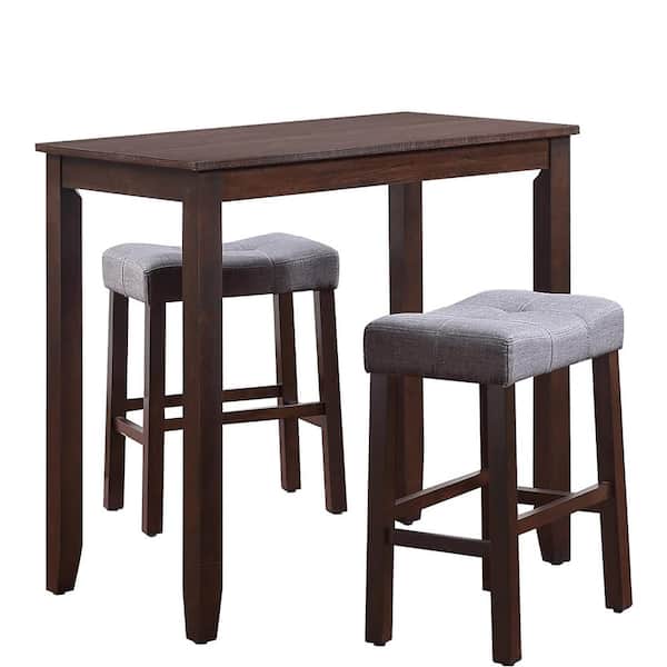 Nathaniel Home Jude Three Piece Dining Set Kitchen Pub Table Solid Wood Table Top, Walnut Wood Base, Silver Gray Fabric Seat