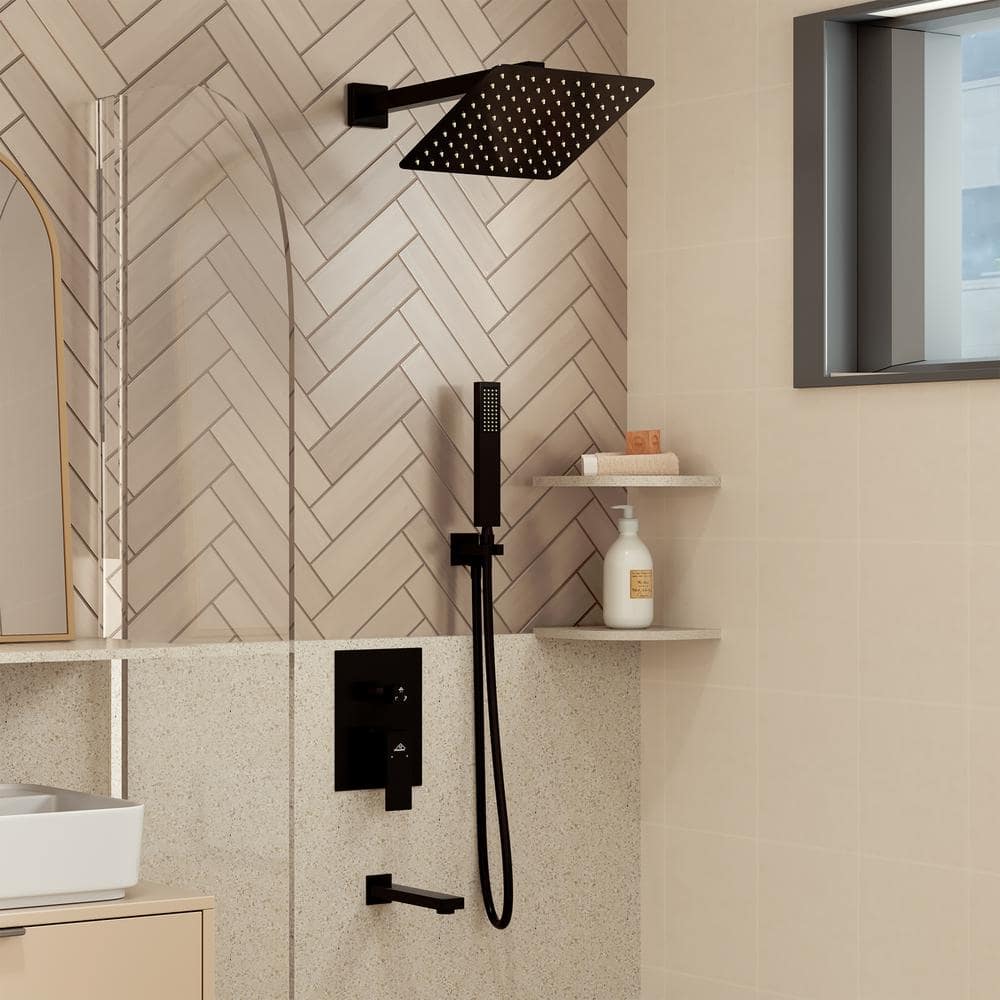 Matte Black Brass Wall Mounted Rain Shower System with Handheld