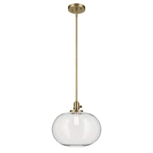 Avery 14.5 in. 1-Light Natural Brass Vintage Industrial Shaded Globe Kitchen Hanging Pendant Light with Seeded Glass