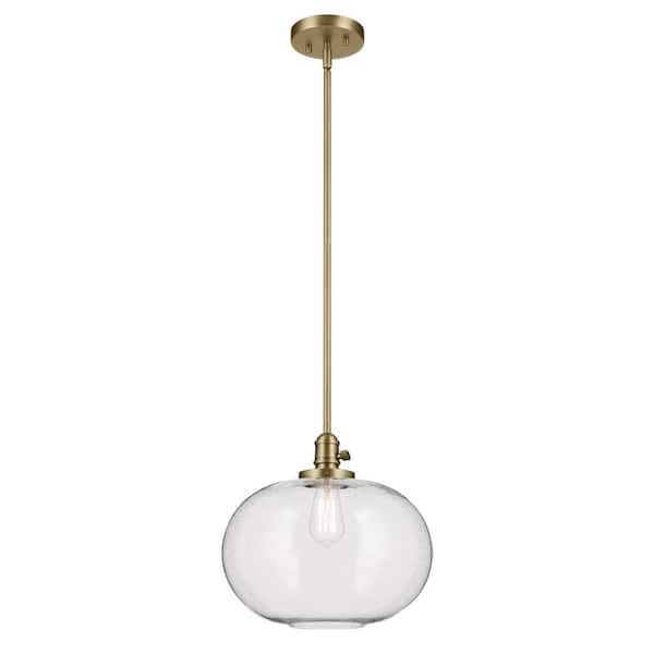 KICHLER Avery 14.5 in. 1-Light Natural Brass Vintage Industrial Shaded Globe Kitchen Hanging Pendant Light with Seeded Glass