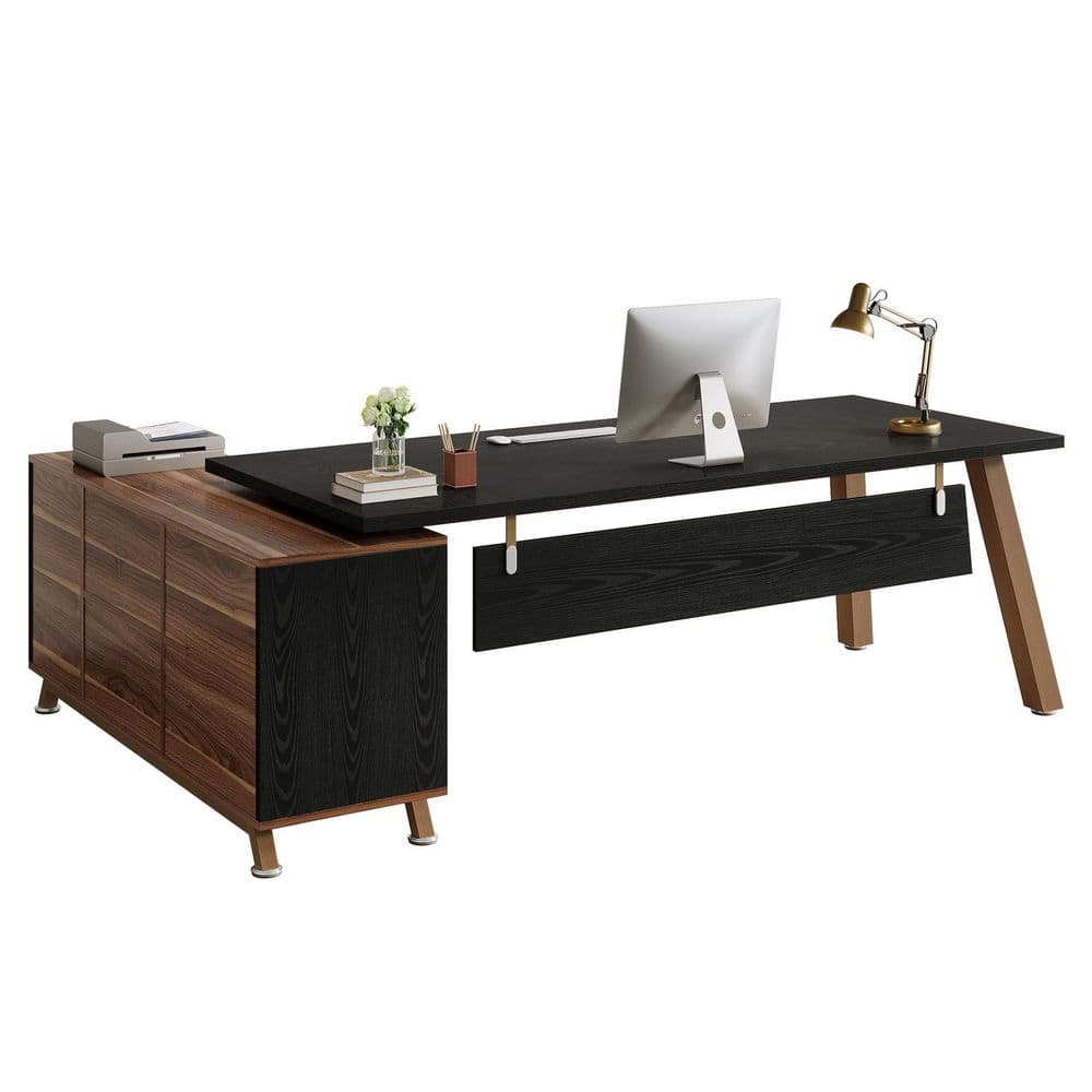 BYBLIGHT Lanita 78.7 in. L-Shaped Black Wood 2-Drawer Executive