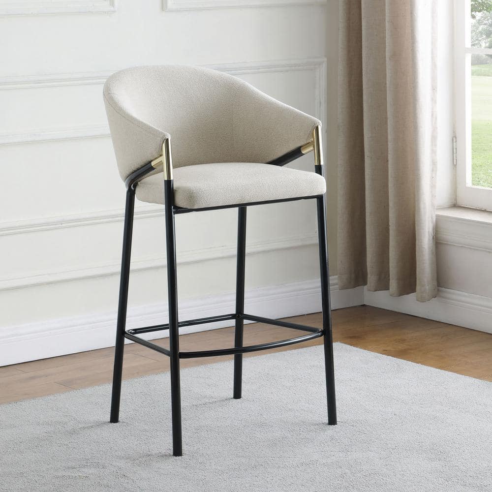 Beige Fabric and Black Metal Bar Height Stools with Sloped Arms