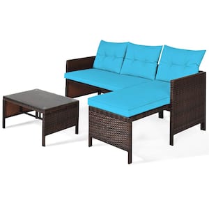 Patio Corner Sofa Set 3-Piece Wicker Outdoor Sectional Set Rattan Sofa Set in Blue