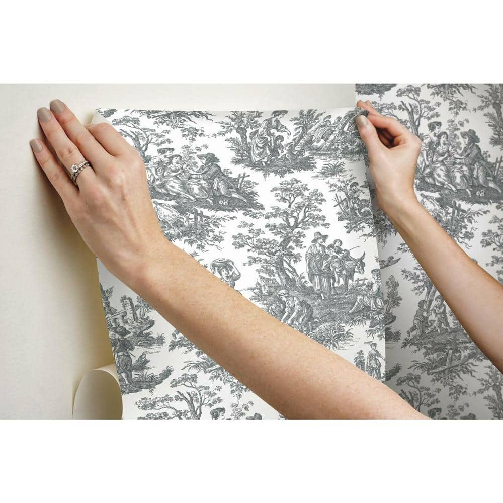 Gray and White Vinyl Country Life Toile Peel and Stick Wallpaper