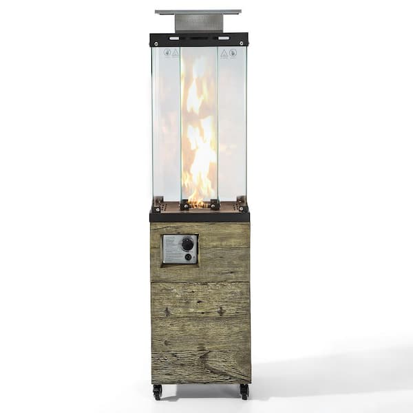 Unbranded Grey Glass Top and TerraFab Base Column Propane Patio Heater with Wheels and Ground Nail