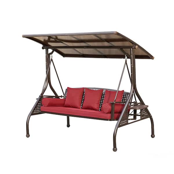 Tenleaf 3-Person Brown Metal Patio Swing with Red Cushion, Pillows and Cup Holders