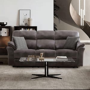 Monku 88 in. W Pillow Top Arm Faux Leather Rectangle Reclining Sofa in Dark Gray