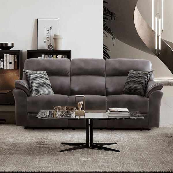 Furniture of America Monku 88 in. W Pillow Top Arm Faux Leather Rectangle Reclining Sofa in Dark Gray
