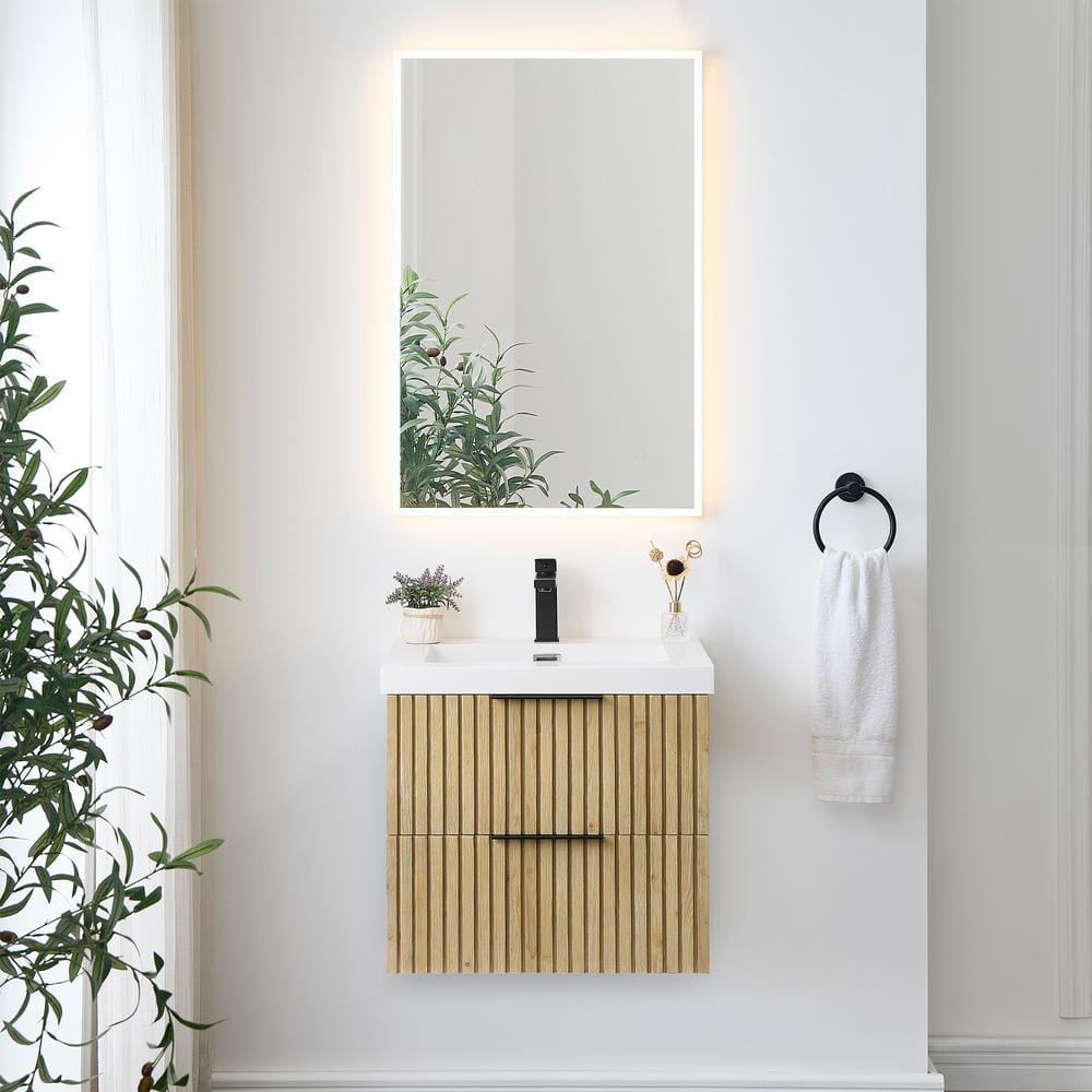 Livia 24" Nature Brown Fir Wood Wall-Mounted Vanity with White Sink