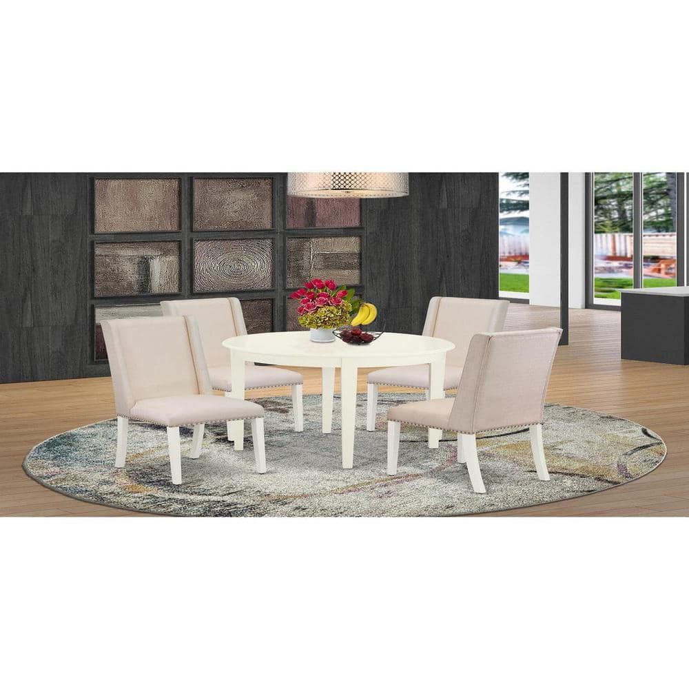Linen White Modern 5-Piece Round Dining Set with Fabric Chairs
