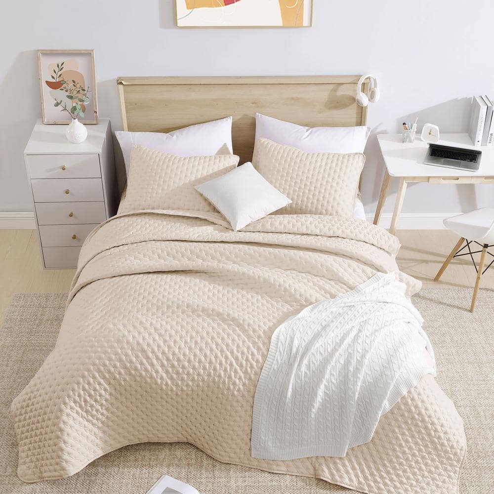 Beige Full Microfiber Bubble Quilt Set with Shams