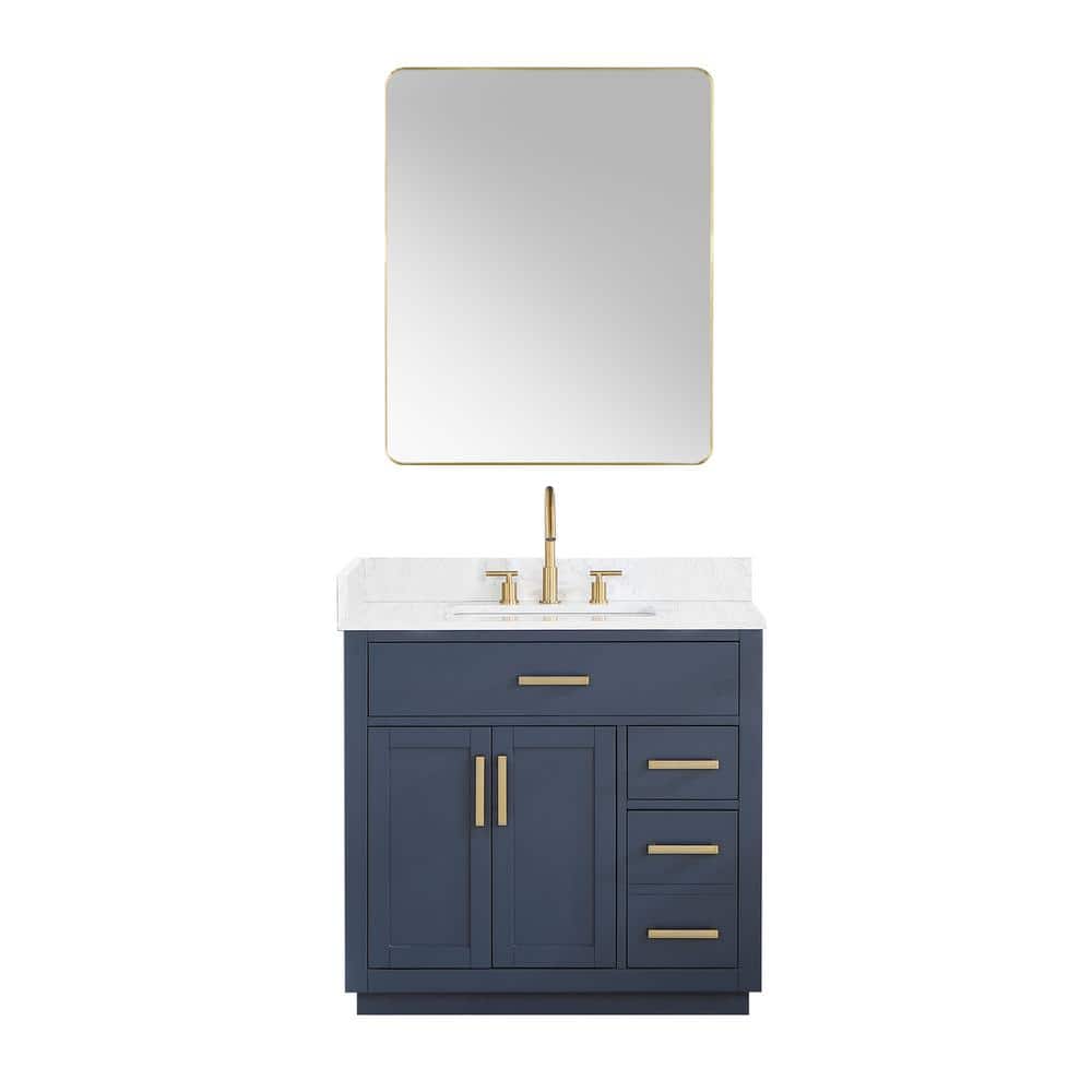 Royal Blue 36" Freestanding Vanity with Grain White Top & Gold Accents