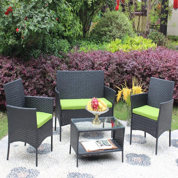 Unbranded 4-Piece Wicker Outdoor Sectional Set with Green Cushion, Coffee Table, Water Resistant, UV Resistant for Backyard Patio