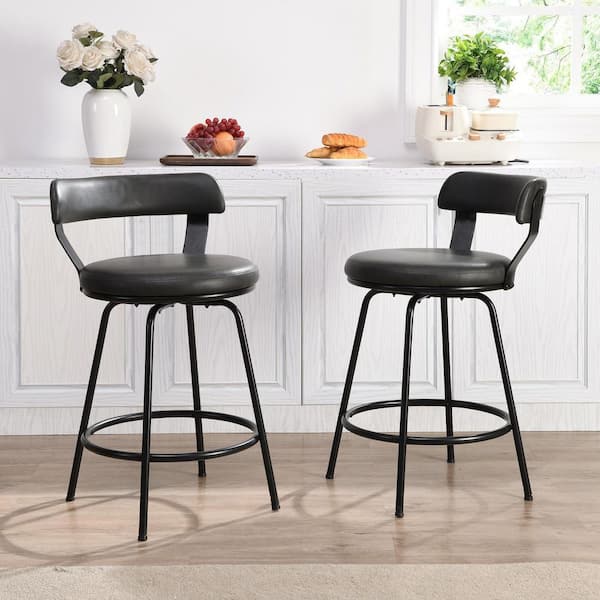 Hausfame 32.5 in. Grey Low Back Metal Frame Swivel Counter Stool with Round PU Leather Seat (Set of 2)