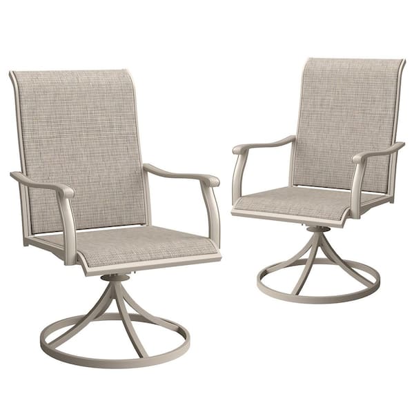 Beige Metal Outdoor Dining chair with 360° Swivel Sling in Sandshell Set of 2