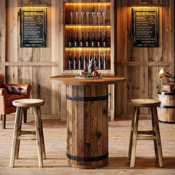 Brown 39.37 in. H Round Wood Bar Table Seats 2, Bar Height Table, Bistro Pub Table for Kitchen, Living Room, Small Space