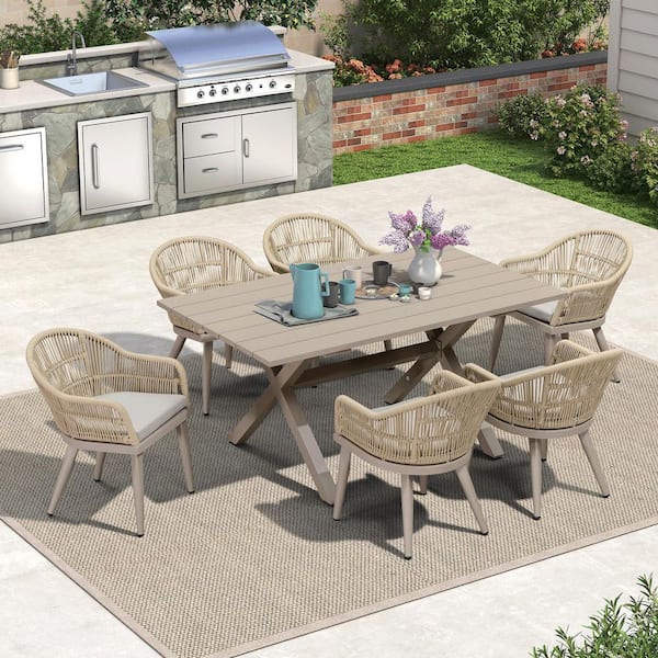 7 Piece Aluminum All-Weather PE Rattan Rectangular Outdoor Dining Set with Cushion, Champagne