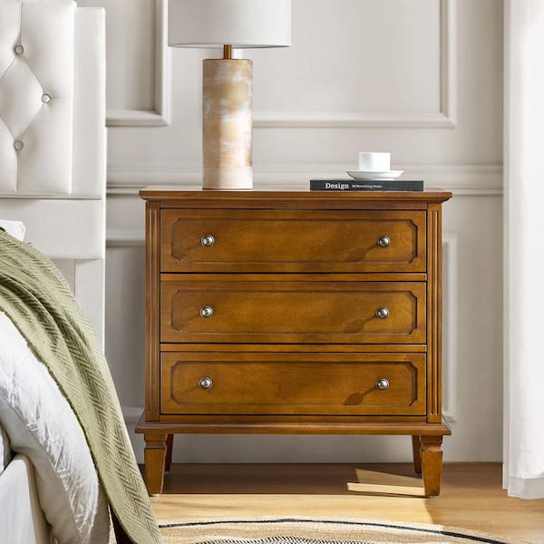 Leandro Acorn 3 Drawer 28.3 in. W Nightstand with Built-in Outlet and Solid Wood Legs