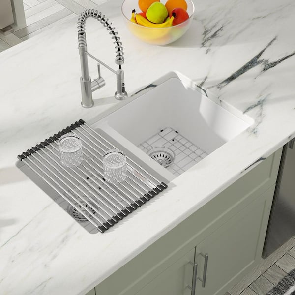 33" Undermount Deep Double Bowl Granite Composite White Kitchen Sink 50/50 Split Basin Prep, with Standard Accessories