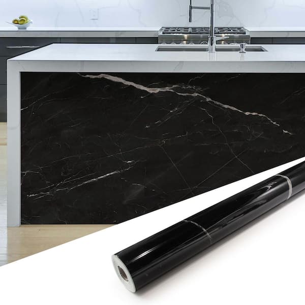 0.08 in. x 4 ft. x 10 ft. Black Marquina Square Edge Vinyl Glossy Peel and Stick Decorative Wall Paneling Roll (1-Pack)