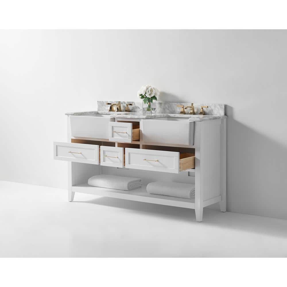 Hayley 60" White Farmhouse Double Basin Wood Vanity Set