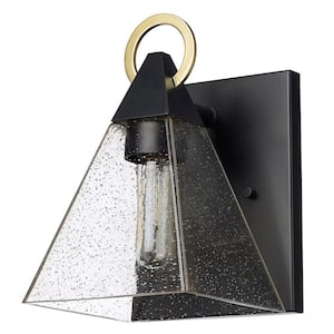 Dewitt 10.5 in. Matte Black and Gold Accent 1-Light Outdoor Wall Lantern with Seeded ChampagneGlass