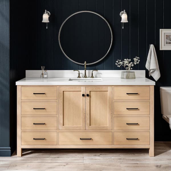 Cambridge 66 in. Single Sink Freestanding Bathroom Vanity in Oak with Pure White Quartz Top