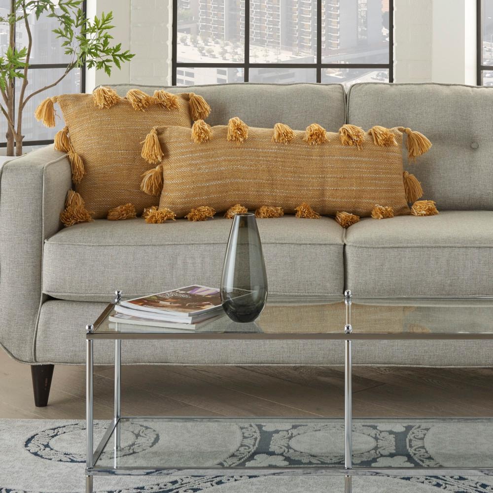 Mustard Yellow Textured Lumbar Pillow with Tassels 13" x 33"