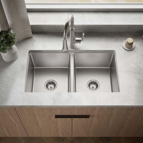 Cursiva Stainless Steel 33 in. Double Bowl Drop-in Kitchen Sink