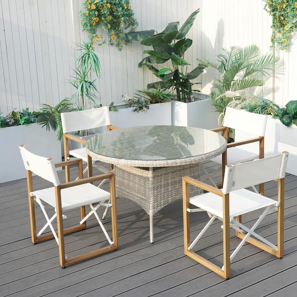 5-Piece Aluminum Outdoor Dining Set with Folding Dining Chairs and Round Wicker Glass Table