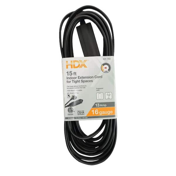 HDX 15 ft. 16/3 Light Duty Indoor Tight Space Black Extension Cord with Banana Tap