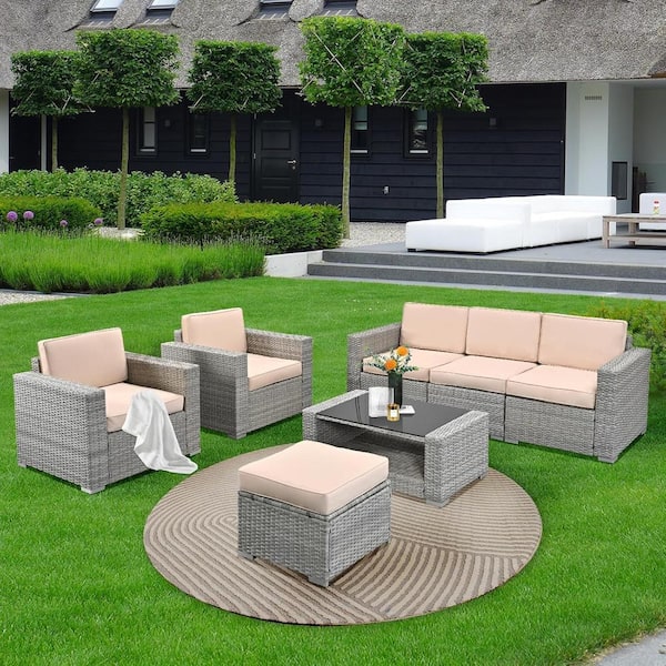 Cesicia 7-Pieces Gray Wicker Outdoor Sectional Set with Glass Coffee Table and Brown Cushions