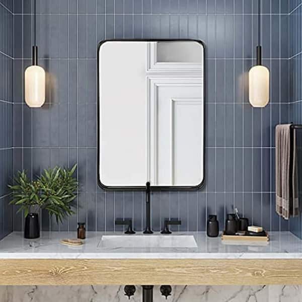 sum vand blomsten Bare gør FAMYYT 24 in. W x 36 in. H Rectangular Rounded Corner Metal Framed Wall  Bathroom Vanity Mirror in Brushed Black with HD Glass XJ-2436-BK - The Home  Depot