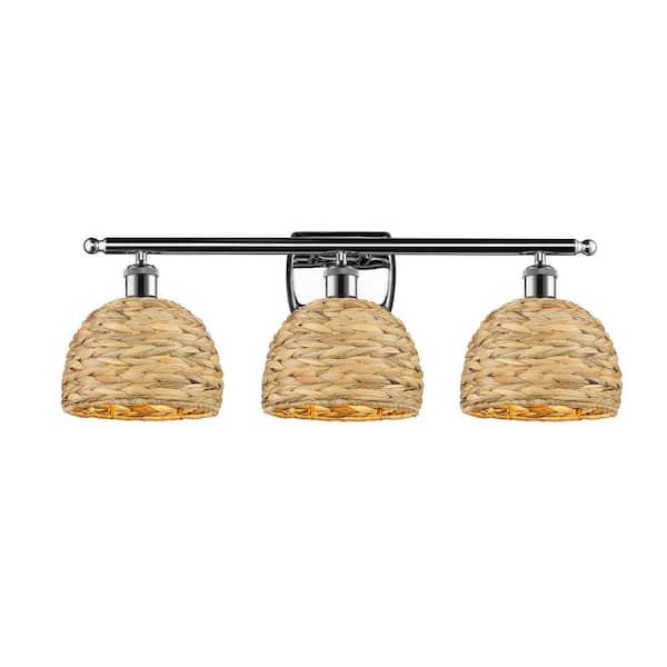 Woven Rattan 28 in. 3-Light Polished Chrome Vanity Light with Rattan Shade