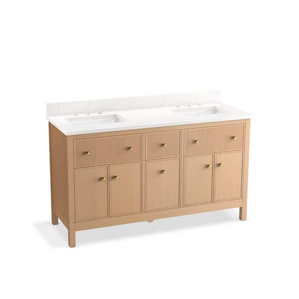 Malin 61in. Double Sink Freestanding White Oak Bath Vanity with White Quartz Top Assembled