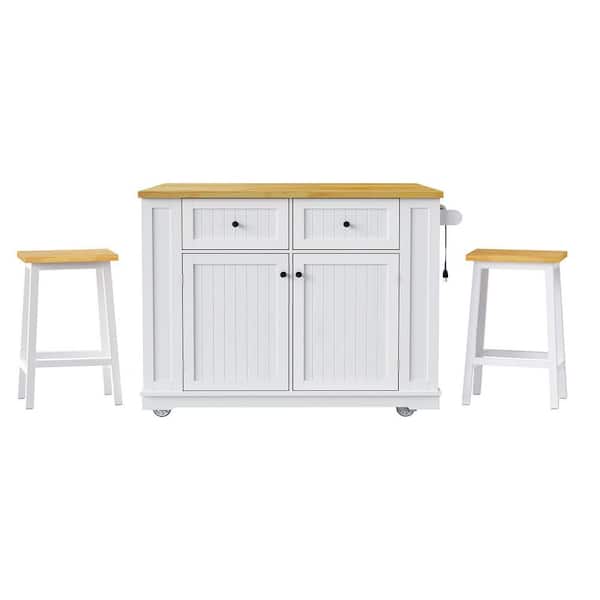 3-Piece White Wood 48 in. W Large Kitchen Island with 2-Bar Stools, Drop Leaf and 5-Open Side Racks