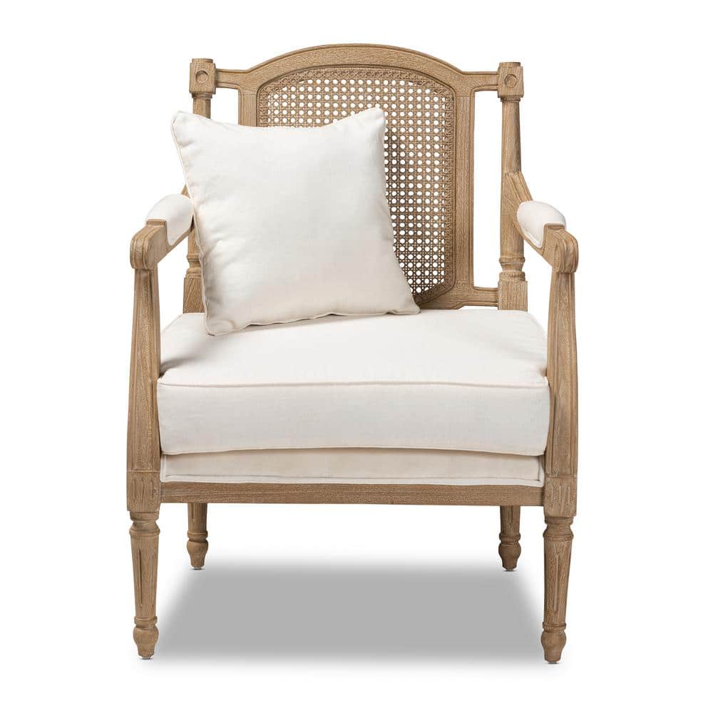 Antique Whitewashed Mahogany Wood Barrel Accent Chair in Ivory