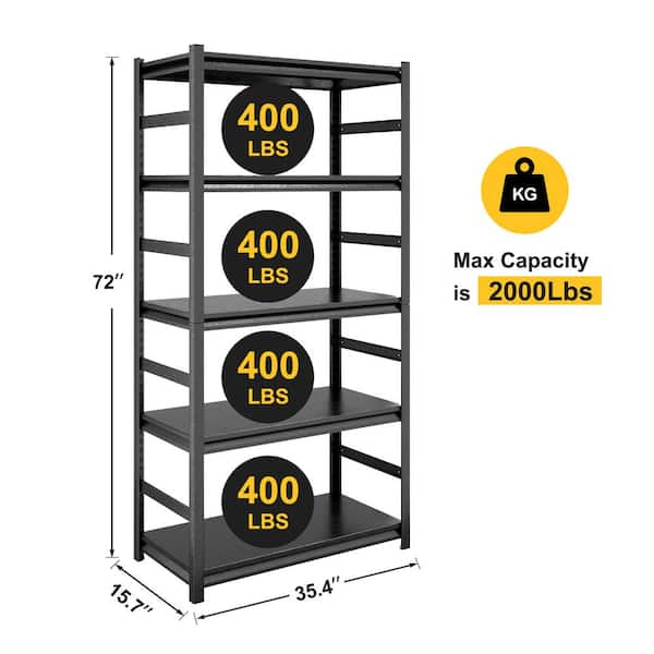 Heavy Duty 72 in. H 5-Shelf Black Metal Pantry Organizer Garage Storage Rack Metal Shelving with Adjustable Shelves