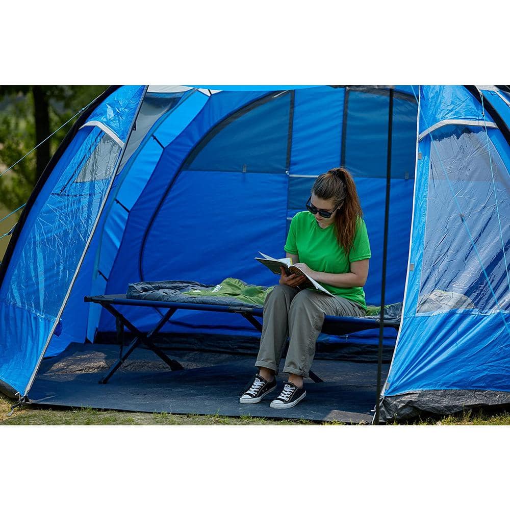 Blue Steel Folding Portable Camping Cot with Storage Organizer